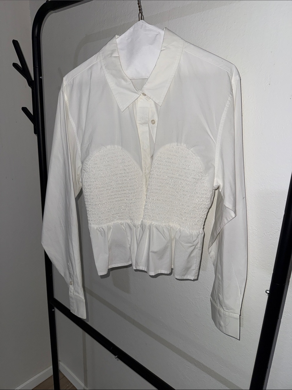 Steve Madden White 🤍 Button-Down Peplum Shirt with Smocked Bodice